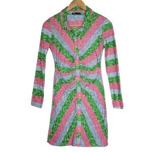 Zara Mini Dress Small Striped Long Sleeve Pink Green Blue Collar Ruched Knit